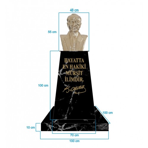 Atatürk Büstü (55cm Pirinç)+ Kaide (100cm)+ Alt Tabla (100x100cm) Mermer Desenli Siyah